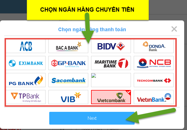 chọn NH cần chuyển tiền