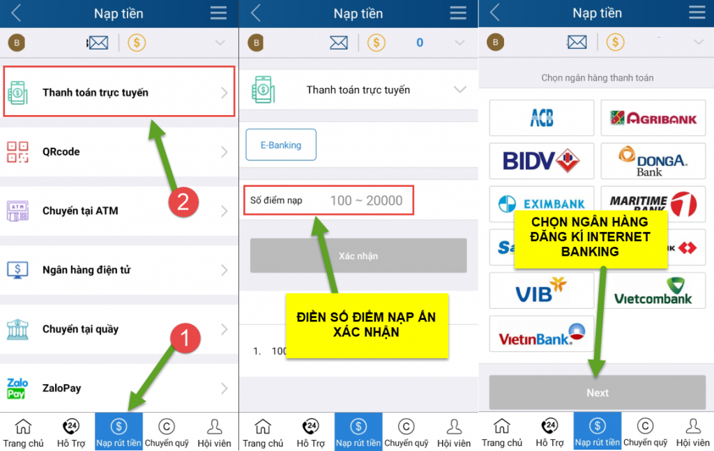 Nạp tiền qua Thanh toán trực tuyến